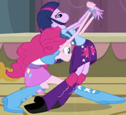 Size: 560x510 | Tagged: safe, imported from derpibooru, screencap, pinkie pie, twilight sparkle, equestria girls, equestria girls (movie), bad touch, cropped, female, out of context, personal space invasion, pinkie being pinkie