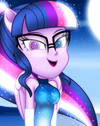 Size: 2000x2500 | Tagged: safe, alternate version, artist:aryatheeditor, imported from derpibooru, sci-twi, twilight sparkle, pony, equestria girls, accessories, accessory, bare shoulders, beautiful, bedroom eyes, breasts, bust, clothes, colored pupils, cute, digital art, dress, element of magic, equestria girls ponified, evening gloves, female, geode of telekinesis, glasses, gloves, glow, glowing, glowing hair, heterochromia, long gloves, long hair, looking at you, magical geodes, moon, nerd, night, outfit, photo, ponied up, ponified, pony ears, powerful sparkle, sleeveless, solo, sparkles, twiabetes, wings
