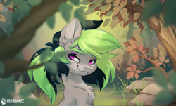 Size: 1556x940 | Tagged: safe, artist:kez, imported from derpibooru, oc, oc only, oc:elli, earth pony, pony, bust, chest fluff, forest, grass, pink eyes, solo