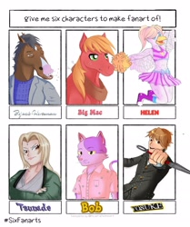 Size: 1920x2293 | Tagged: safe, artist:holy-astronaut, imported from derpibooru, big macintosh, anthro, cat, earth pony, human, pony, six fanarts, animal crossing, anthro with ponies, bojack horseman, bust, cheerleader, clothes, crossover, freckles, horse collar, male, persona, persona 4, pom pom, skirt, stallion, yoke