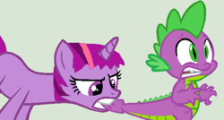 Size: 600x321 | Tagged: safe, artist:bloatenator, imported from derpibooru, spike, twilight sparkle, dragon, pony, unicorn, abuse, biting, duo, female, go to sleep garble, green background, male, mare, shitposting, simple background, spikeabuse, tail bite, unicorn twilight