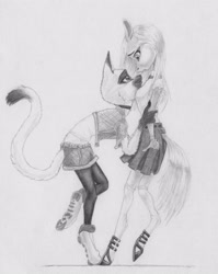 Size: 3120x3924 | Tagged: safe, artist:joestick, imported from derpibooru, oc, anthro, cat, earth pony, pony, unguligrade anthro, amity blight, canon ship, catified, clothes, female, furry, interspecies, lesbian, lumity, luz noceda, non-mlp shipping, ponified, shipping, species swap, the owl house, traditional art, witch, witch pony