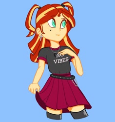 Size: 1024x1084 | Tagged: dead source, safe, artist:pettypop, imported from derpibooru, sunset shimmer, equestria girls, belt, boots, clothes, ear piercing, earring, guitar pick, jewelry, lip piercing, necklace, piercing, pigtails, shirt, shoes, skirt, solo, t-shirt, tattoo, thigh boots