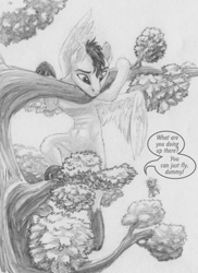 Size: 1280x1754 | Tagged: safe, artist:joestick, imported from derpibooru, oc, pony, dialogue, duo, female, male, ponyville, text, traditional art, tree, tree branch