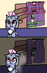 Size: 755x1165 | Tagged: safe, artist:neuro, oc, oc only, crystal pony, ghost, ghost pony, pegasus, pony, undead, zombie, 2 panel comic, armor, blood, blood moon, boarded door, comic, crystal guard, crystal guard armor, curtains, dialogue, door, female, floppy ears, guardsmare, helmet, implied anon, mare, moon, night, offscreen character, open mouth, pillow armor, royal guard, scared, shivering, shrunken pupils, sweat, window, wingless