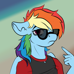 Size: 1563x1563 | Tagged: safe, artist:brainiac, derpibooru exclusive, edit, rainbow dash, anthro, pegasus, clothes, female, floppy ears, frown, glasses, mare, shirt, solo