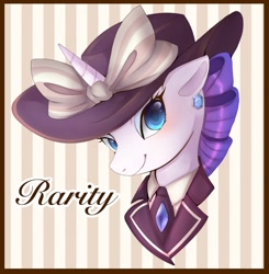 Size: 1351x1378 | Tagged: safe, artist:hosikawa, rarity, pony, unicorn, alternate hairstyle, bow, bust, clothes, ear piercing, earring, gem, hat, jewelry, looking at you, necktie, outfit, piercing, smiling, smiling at you, suit