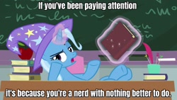 Size: 1920x1080 | Tagged: safe, edit, edited screencap, imported from derpibooru, screencap, trixie, pony, unicorn, a horse shoe-in, apple, board, book, caption, classroom, female, food, hooves on the table, image macro, magic, magic aura, mare, school, sir raven, solo, table, telekinesis, text, the grim adventures of billy and mandy