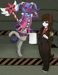 Size: 1700x2200 | Tagged: safe, artist:scylla the kelpie, imported from derpibooru, oc, oc:pathfinder, oc:schorl tourmaline, anthro, crystal pony, pegasus, unicorn, anomaly, anthro oc, clothes, cosplay, costume, crystal unicorn, kneesocks, lobotomy corporation, magical girl, pigtails, pose, recording, socks, suit, the queen of hatred, wand