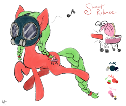 Size: 1150x972 | Tagged: safe, artist:underwoodart, imported from derpibooru, oc, oc:sweet release, earth pony, colored, cutie mark, earth pony oc, gas mask, humming, mask, palette, simple background, sketch