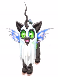 Size: 1560x2048 | Tagged: safe, artist:oddwarg, imported from derpibooru, queen chrysalis, changeling, changeling queen, ghost, undead, bedsheet ghost, clothes, costume, cute, cutealis, female, green eyes, halloween, holiday, horn, mare, nightmare night, quadrupedal, simple background, smiling at you, solo, trick or treat, white background, wings