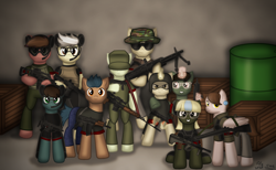 Size: 1622x999 | Tagged: safe, artist:99999999000, imported from derpibooru, oc, earth pony, pegasus, pony, unicorn, comic:airsoft, airsoft, ak-47, aks-74u, ar-15, ar15, assault rifle, aug, female, g36c, glasses, gun, headset, m14, m60, male, rifle, submachinegun, weapon