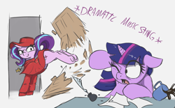 Size: 2055x1270 | Tagged: safe, artist:t72b, imported from derpibooru, starlight glimmer, twilight sparkle, alicorn, pony, unicorn, breaking and entering, bucking, coffee, coffee mug, cross, cross necklace, descriptive noise, destruction, door, hat, historical roleplay starlight, inkwell, jewelry, kicking, monty python, monty python's flying circus, mug, necklace, one eye closed, paper, quill, scared, sitting, spanish inquisition, spilled drink, twilight sparkle (alicorn), underhoof, unexpected