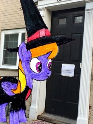 Size: 2448x3264 | Tagged: safe, artist:topsangtheman, imported from derpibooru, cloud kicker, pegasus, pony, clothes, coronavirus, costume, halloween, holiday, house, irl, photo, ponies in real life, solo, traditional art, trick or treat, witch