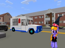 Size: 2048x1536 | Tagged: safe, artist:topsangtheman, imported from derpibooru, cloud kicker, pegasus, pony, clothes, costume, house, ice cream truck, looking at you, minecraft, solo, traditional art, witch