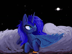 Size: 900x675 | Tagged: source needed, safe, artist:slamjam, imported from derpibooru, princess luna, alicorn, pony, candy, fangs, female, food, halloween, holiday, mare, moon, solo