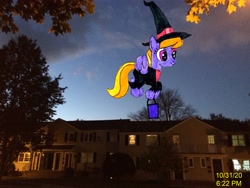 Size: 3264x2448 | Tagged: safe, artist:topsangtheman, imported from derpibooru, cloud kicker, earth pony, pony, clothes, costume, flying, halloween, holiday, house, irl, photo, ponies in real life, solo, trick or treat, witch