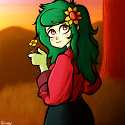 Size: 2240x2240 | Tagged: safe, artist:glomasy, imported from derpibooru, wallflower blush, equestria girls, equestria girls series, spoiler:eqg series (season 2), blushing, cute, evening, female, flower, flower in hair, flowerbetes, looking at you, smiling, wallflower and plants