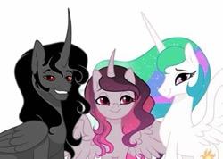 Size: 539x383 | Tagged: artist needed, source needed, safe, imported from derpibooru, discord, king sombra, princess celestia, oc, alicorn, alicorn oc, alicornified, celestibra, female, horn, male, offspring, parent:king sombra, parent:princess celestia, parents:celestibra, race swap, shipping, sombracorn, straight, wings