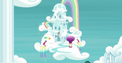 Size: 1920x988 | Tagged: safe, imported from derpibooru, screencap, building, cloud, hot air balloon, no pony, rainbow, rainbow dash's house, rainbow waterfall, scenery, twinkling balloon