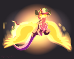 Size: 2500x2000 | Tagged: safe, artist:glitterstar2000, imported from derpibooru, oc, oc only, oc:nayade, draconequus, hybrid, artificial wings, augmented, female, fire, flying, glowing eyes, interspecies offspring, magic, magic wings, offspring, parent:discord, parent:princess celestia, parents:dislestia, solo, wings