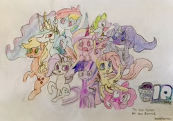 Size: 2914x2040 | Tagged: safe, artist:imaginarylightw, imported from derpibooru, applejack, fluttershy, pinkie pie, princess cadance, princess celestia, princess luna, rainbow dash, rarity, spike, twilight sparkle, happy birthday mlp:fim, mane seven, mane six, mlp fim's tenth anniversary, traditional art