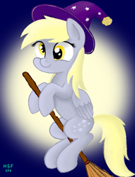 Size: 825x1080 | Tagged: safe, artist:hsf, imported from derpibooru, derpy hooves, pegasus, pony, broom, flying, flying broomstick, halloween, holiday, moon, solo