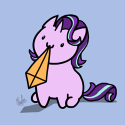 Size: 1037x1038 | Tagged: safe, artist:magfen, imported from derpibooru, starlight glimmer, pony, unicorn, :3, blue background, chibi, cute, female, glimmerbetes, hnnng, kite, mare, mouth hold, simple background, sitting, solo, that pony sure does love kites