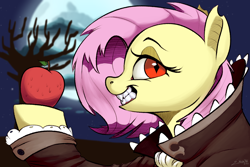 Size: 1800x1200 | Tagged: safe, artist:silverhopexiii, imported from derpibooru, fluttershy, bat pony, pony, vampire, apple, bat ponified, clothes, coat, costume, dracula, flutterbat, food, grin, halloween, halloween costume, holiday, nightmare night, race swap, smiling, solo