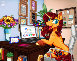 Size: 2500x2000 | Tagged: safe, artist:stainedglasslighthea, imported from derpibooru, oc, oc only, oc:stained glass light heart, pony, unicorn, book, computer, female, laptop computer, mare, solo