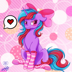 Size: 2000x2000 | Tagged: safe, artist:stainedglasslighthea, imported from derpibooru, oc, oc only, oc:cosmic spark, pony, unicorn, abstract background, blushing, bow, clothes, female, hair bow, looking at you, mare, socks, solo, striped socks, unamused