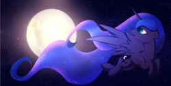 Size: 807x408 | Tagged: safe, artist:kebchach, imported from derpibooru, princess luna, alicorn, pony, female, flying, mare, missing accessory, moon, night, night sky, sky, solo