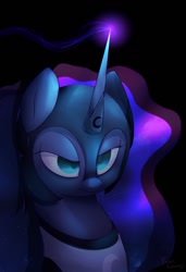 Size: 875x1280 | Tagged: safe, artist:kebchach, imported from derpibooru, nightmare moon, alicorn, pony, armor, black background, bust, female, glowing horn, helmet, horn, mare, peytral, simple background, solo