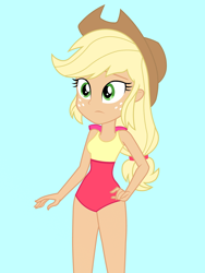 Size: 1536x2048 | Tagged: safe, alternate version, artist:draymanor57, imported from derpibooru, applejack, equestria girls, clothes, female, one-piece swimsuit, solo, swimsuit