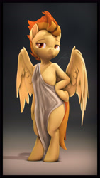 Size: 3600x6400 | Tagged: safe, artist:imafutureguitarhero, artist:yoditax, imported from derpibooru, spitfire, anthro, pegasus, pony, semi-anthro, unguligrade anthro, 2d to 3d, 3d, absurd resolution, arm hooves, bipedal, border, chromatic aberration, clothes, colored eyebrows, colored eyelashes, cute, female, film grain, frown, hooves on hips, lidded eyes, looking at you, loose fitting clothes, mare, missing cutie mark, paintover, raised eyebrows, recursive fanart, revamped anthros, revamped ponies, shadow, signature, solo, source filmmaker, spread wings, toga, vertical, wings