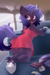 Size: 2722x4092 | Tagged: safe, artist:kebchach, imported from derpibooru, oc, oc only, oc:cosmic amber, anthro, unguligrade anthro, unicorn, book, breasts, bus, busty oc, clothes, dress, female, indexed png, looking back, paper airplane, red dress, solo, underhoof