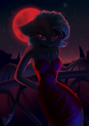 Size: 2893x4092 | Tagged: safe, artist:kebchach, imported from derpibooru, anthro, bat pony, backlighting, blood moon, breasts, clothes, dress, female, floppy ears, moon, night, solo