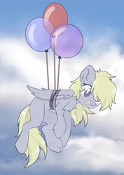 Size: 2893x4092 | Tagged: safe, artist:kebchach, imported from derpibooru, derpy hooves, pinkie pie, pegasus, pony, balloon, bound wings, chest fluff, cloud, cute, derpabetes, ear fluff, female, floating, mare, no pupils, sky, solo, then watch her balloons lift her up to the sky, wings