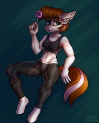 Size: 2660x3312 | Tagged: safe, artist:gicme, imported from derpibooru, oc, oc only, oc:bianca, anthro, earth pony, pony, unguligrade anthro, candy, clothes, ear fluff, ear piercing, earring, food, heterochromia, jewelry, leggings, lollipop, muscles, piercing, solo, sports, sporty style