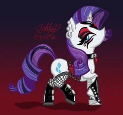 Size: 587x550 | Tagged: safe, artist:smooth-criminal-13, imported from derpibooru, rarity, pony, unicorn, choker, clothes, corset, ear piercing, earring, eyeshadow, female, fishnets, goth, gradient background, horn, horn ring, jewelry, makeup, mare, mascara, piercing, profile, ring, solo