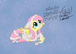 Size: 1525x1088 | Tagged: safe, artist:smooth-criminal-13, imported from derpibooru, fluttershy, pegasus, pony, clothes, costume, cute, female, floppy ears, halloween, halloween costume, holiday, mare, mummy costume, shyabetes, solo