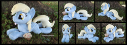 Size: 4920x1754 | Tagged: safe, artist:peruserofpieces, imported from derpibooru, derpy hooves, pegasus, pony, :p, beanie (plushie), female, food, irl, looking at you, lying down, mare, muffin, photo, plushie, prone, smiling, smiling at you, solo, tongue out, tree