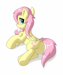 Size: 1280x1524 | Tagged: safe, artist:mercurysparkle, imported from derpibooru, fluttershy, pegasus, pony, butt, chest fluff, cute, ear fluff, female, flutterbutt, folded wings, hoof fluff, leg fluff, looking at you, looking back, looking back at you, lying down, mare, plot, prone, shyabetes, simple background, smiling, solo, white background, wings