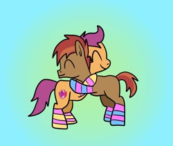 Size: 1280x1076 | Tagged: safe, artist:platinumdrop, imported from derpibooru, button mash, scootaloo, clothes, gradient background, hug, missing accessory, request, simple background, socks, striped socks