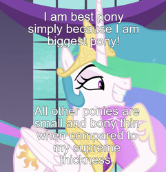 Size: 693x720 | Tagged: safe, edit, edited screencap, imported from derpibooru, screencap, princess celestia, alicorn, pony, a royal problem, best pony, caption, female, image macro, mare, meta, text, text edit, wide grin