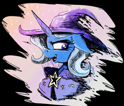 Size: 2314x1991 | Tagged: safe, artist:paskanaakka, derpibooru exclusive, imported from derpibooru, trixie, pony, unicorn, bust, cape, clothes, ear fluff, female, floppy ears, hat, mare, portrait, solo, trixie's cape, trixie's hat