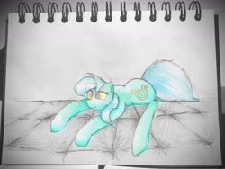 Size: 1280x960 | Tagged: safe, artist:papersurgery, edit, imported from derpibooru, lyra heartstrings, pony, unicorn, lying down, photo, photo edit, solo, traditional art