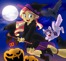 Size: 1500x1400 | Tagged: safe, artist:haden-2375, imported from derpibooru, sunset shimmer, twilight sparkle, bird, cat, equestria girls, broom, catified, clothes, costume, flying, flying broomstick, full moon, halloween, hat, holiday, horn, jack-o-lantern, moon, night, night sky, open mouth, pumpkin, sky, species swap, twilight cat, wings, witch, witch hat