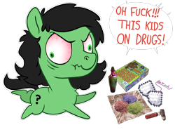 Size: 4032x3024 | Tagged: safe, artist:wispy tuft, imported from derpibooru, snips, oc, oc only, oc:filly anon, earth pony, pony, bitch, bloodshot eyes, dialogue, drugs, elder scrolls, female, filly, food, herbs, jet, minecraft, not drugs, png, question mark, resident evil, rule 63, scooby doo, scooby snack, silly straw, simple background, skooma, solo, sugar, sugar (food), transparent background, vulgar, withdrawal