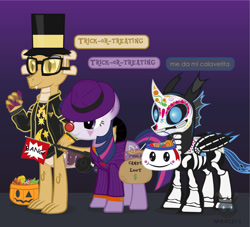 Size: 1385x1257 | Tagged: safe, artist:wheatley r.h., derpibooru exclusive, imported from derpibooru, oc, oc only, oc:myoozik the dragon, oc:twi clown, oc:w. rhinestone eyes, changeling, dragon, unicorn, blue changeling, calavera, calaverita, candy, catrina (calavera garbancera), changeling oc, clothes, clown makeup, clown nose, costume, dia de los muertos, dragon oc, face paint, food, gem, gradient background, gun, halloween, happy, hat, holiday, horn, magic, mouth hold, rapper, red nose, simple background, skeleton costume, spanish, speech bubble, telekinesis, tommy gun, top hat, trick or treat, unicorn oc, vector, watermark, weapon